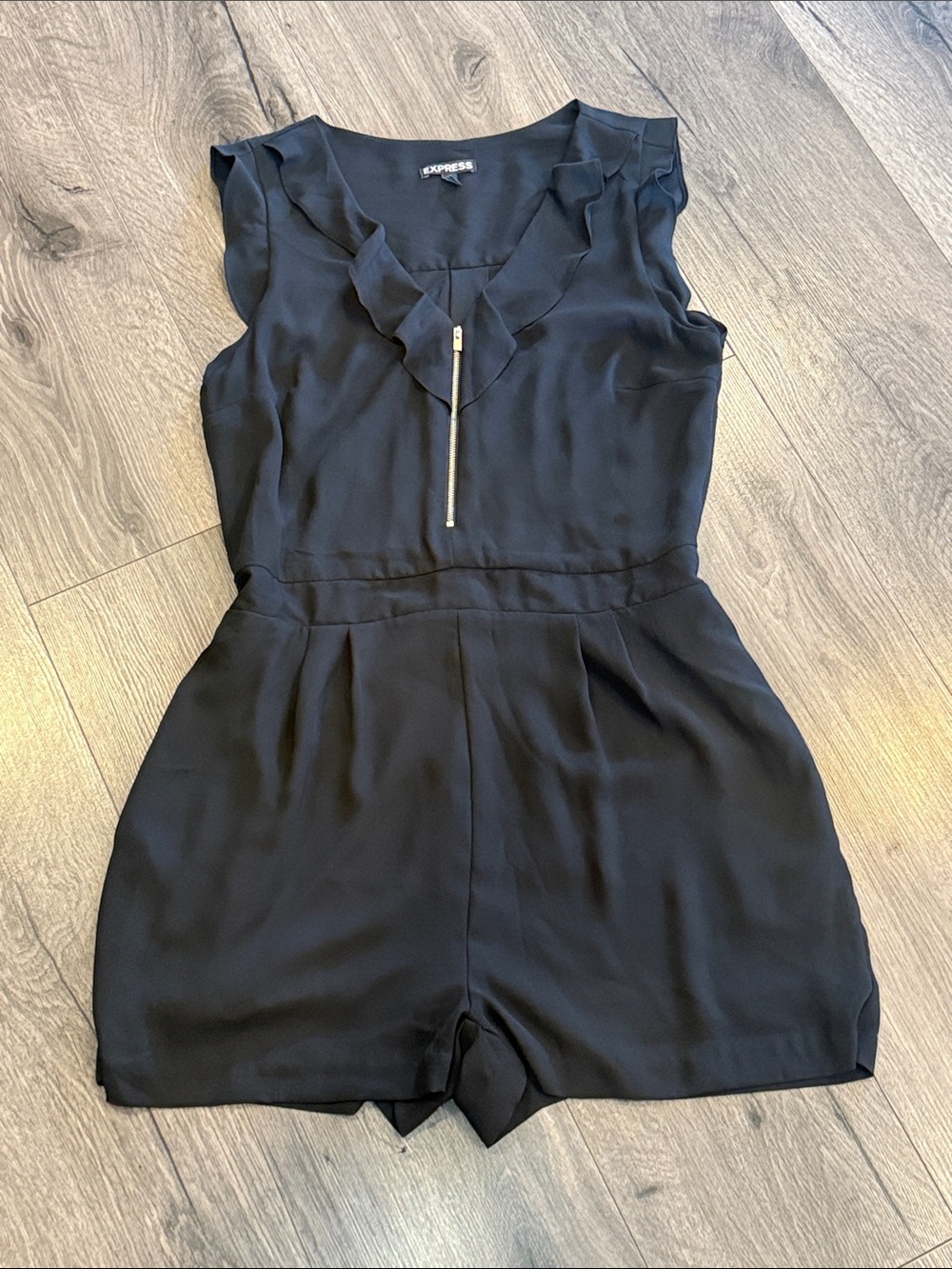 Express Black Sleeveless Ruffle V-Neck Romper with Zip Detail & Pockets